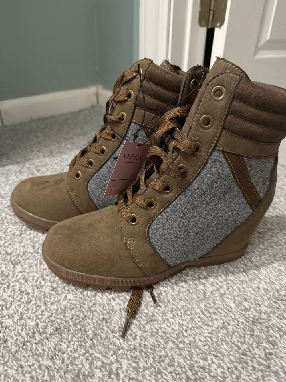 Serra Brown Suede and Grey Lace-Up Wedge Boots